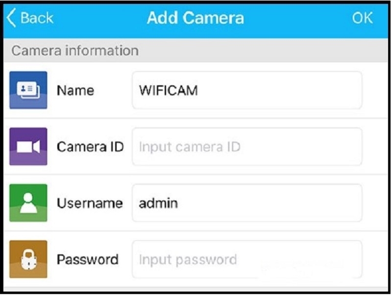 Các thông tin đăng kí để kết nối camera với điện thoại